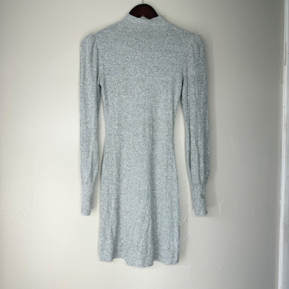 Garage Womens Grey Ribbed Mock Neck Puff Shoulder Mini Sweater Dress XS